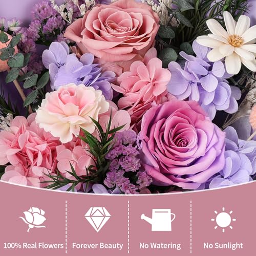 Lewondr Flower for Delivery, Preserved Flowers Bouquet, Purple Rose Bouquet, Real Long-Lasting Forever Birthday Flowers Gi...