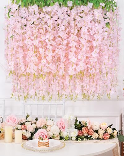 Waipfaru 12 Pack Hanging Wisteria Flowers, 3.6 Feet Light Pink Artificial Flowers, Fake Wisteria Vines for Bedroom Wedding...