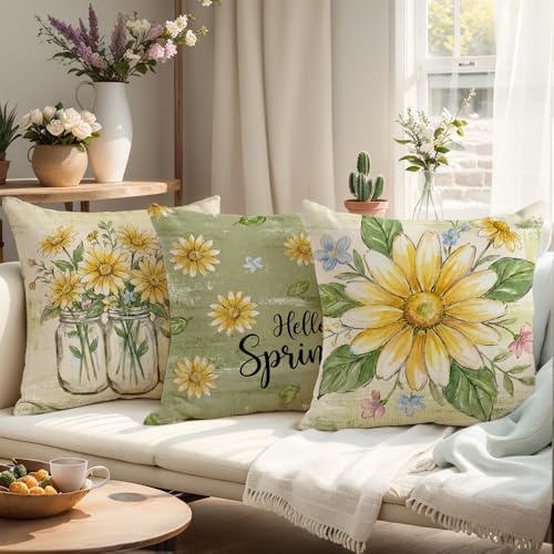 wyooxoo Spring Pillow Covers 16x16 Set of 4 Olive Green Farmhouse Throw Pillow Covers Floral Decorative Cushion Cases for ...