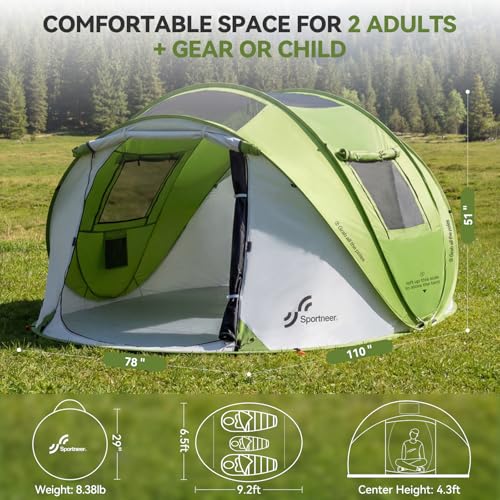 Sportneer Camping Tent: 2 Adults Pop Up Tent with Rain Fly and Carrying Bag - All-Weather Shelter for Camping Backyard Sle...