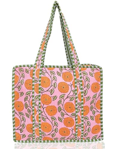 Third Eye Export 100% Cotton Quilted Tote Bag For Women 18x16– Large Zipper Reusable Beach Bag & Travel Bag Purse