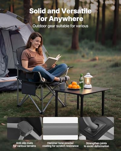 VEVOR Oversized Camping Folding Chair, Portable Heavy Duty Outdoor Quad Lumbar Back Padded with Side Pockets, Cup Holder a...