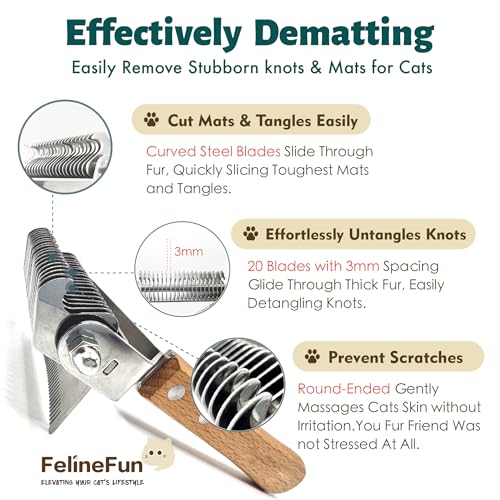 FelineFun Cat Brush for Dematting & Deshedding, 2 in 1 Undercoat Rake, Efficiently Remove Loose Hair & Matted Fur, Profess...