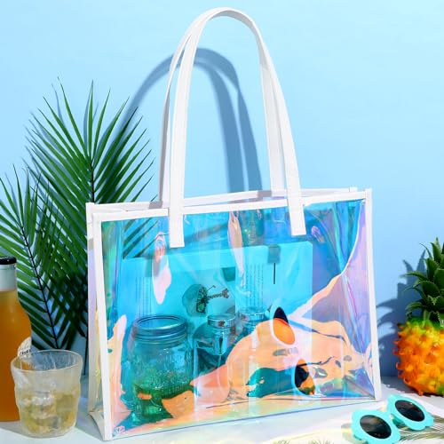 Aliceset Holographic Clear Tote Bag with Leather Handle Iridescent Bachelorette Beach Bag for Work Stadium Travel | with L...