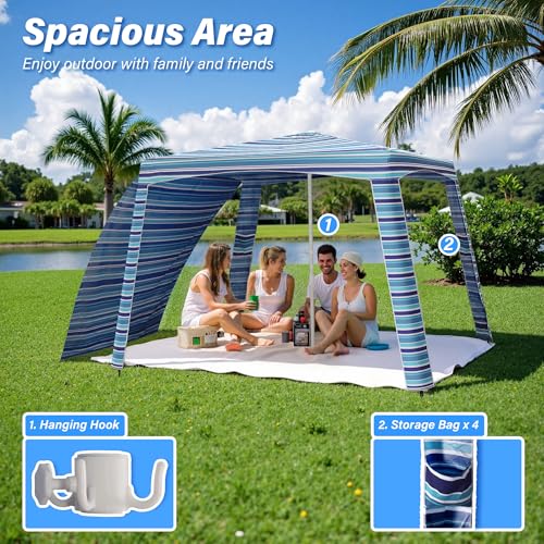 Beach Cabana-6.6x6.6’Beach Canopy with Side Wall,Portable Umbrella Tent with Sand Pockets for Family & Friends,Easy Up Bea...