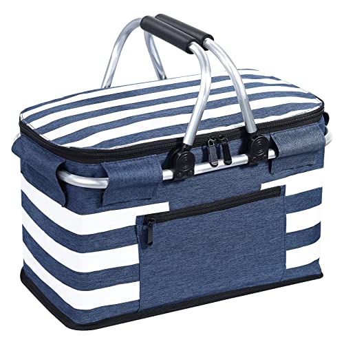 KEFOMOL Insulated Picnic Basket,Leak-Proof Collapsible Cooler Bag,26L Grocery Basket with Lid,2 Sturdy Handles,Storage Bas...