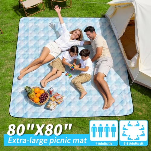 sapsisel Picnic Blankets, Waterproof Picnic Blanket for 6-8 Adults, 80''x80'' Extra Large Beach Blanket, Picnic Mat for Ca...