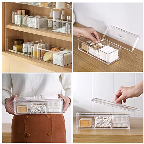 UTTH-DTTK Clear Cotton Ball and Swab Holder 3 Divided Compartments with Lid, , Waterproof Bathroom Organizers Small Plasti...
