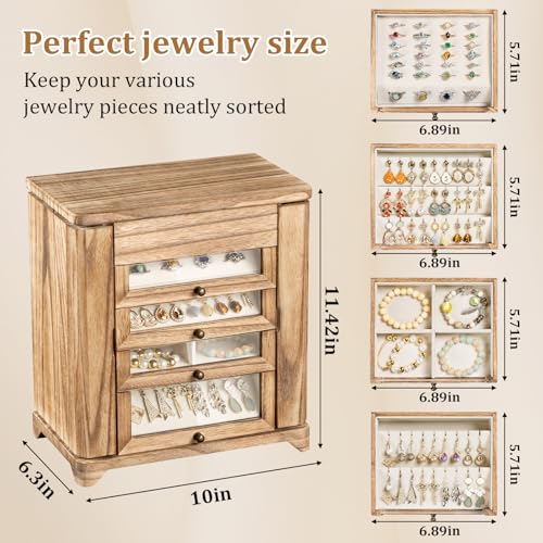 Bellaownia Large Jewelry Box & Organizer for Women, Wooden Jewelry Storage with 4 Transparent Drawers, Holds Necklaces, Ri...