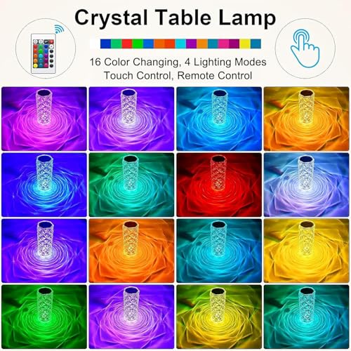 2Pack Crystal Table Lamp (Touch & Remote), 4 Modes 16 Color Changing Night Light, Rechargeable, Dimmable, RGB Rose Diamond...