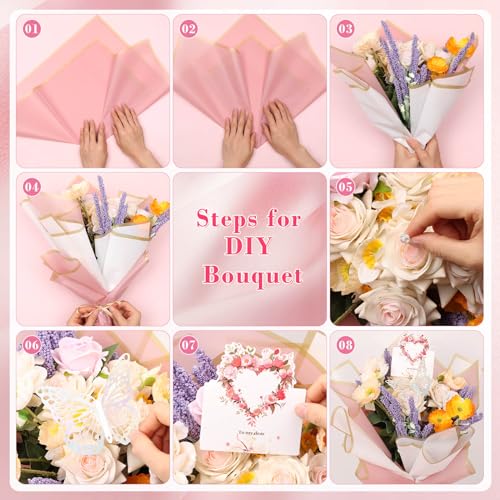 Thrilez 187PCS Flower Bouquet Wrapping Paper Kit Includes 40 Floral Paper, 24 Butterflies, 100 Bouquet Pins, 3 Ribbons and...