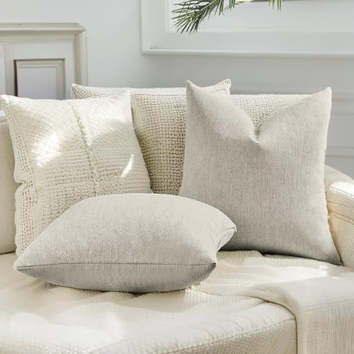 HAUSSY Natural Linen Throw Pillow Covers 18x18 Inch Set of 2,Boho Decorative Faux Linen Throw Pillows Cozy Farmhouse Accen...