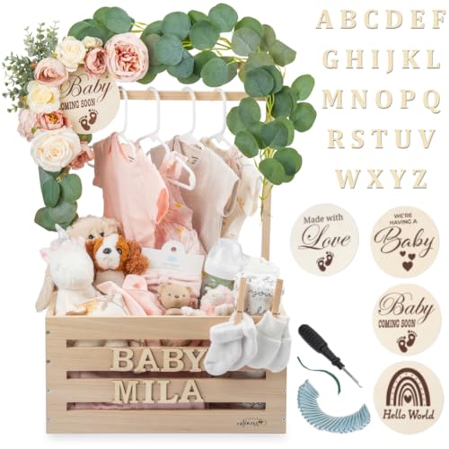 Wooden Baby Shower Crate Closet - Customizable Wooden Crate Box with Dual Rod System, Personalized Baby Shower Basket Alph...