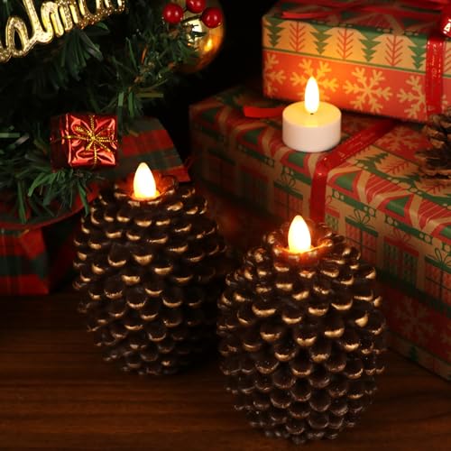 Wondise Flameless Candles with Timer, Battery Operated Flickering Wick Real Wax Pine Cone Candles for Holiday Indoor Decor...