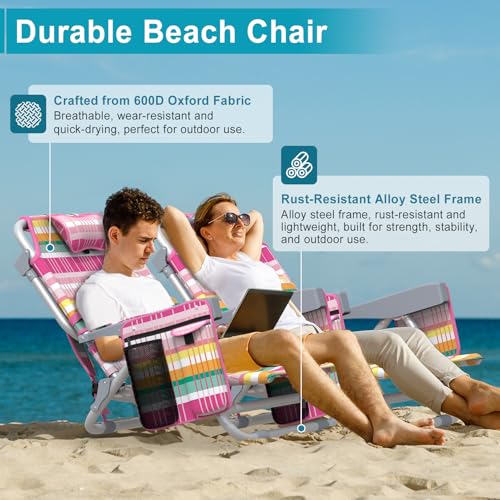 Suteck Backpack Beach Chairs for Adults, 5-Position Lay Flat Reclining Chair with Cooler Pouch, Cup Holder, Towel Bar, 2-P...