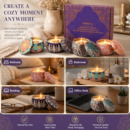 Scented Candles Gift Set for Women, 4 Pack Soy Wax Aromatherapy Candles, Lavender Lemon Vanilla White Peach Mini Tin Candl...