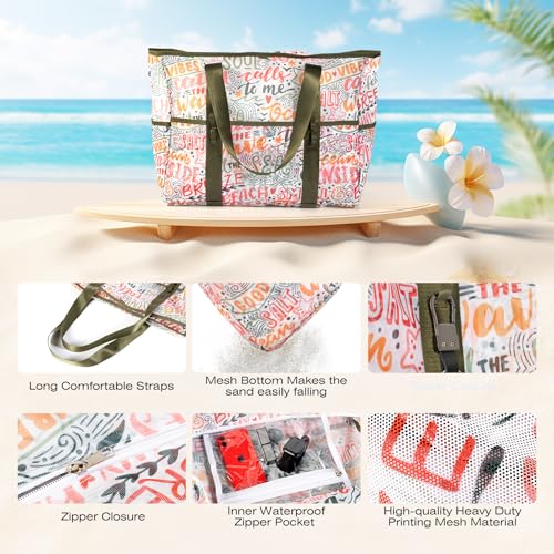 KUAK Mesh Beach Bag, Large Beach Tote with Top Zipper, 9 Pockets, Inner Waterproof Pocket for Family Pool Vacation Essentials