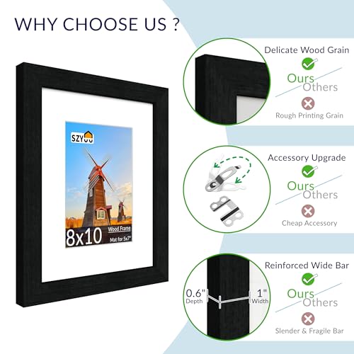SZYUU 8x10 Picture Frame Set of 2 - Wood Frame with Real Glass, Display 5x7 with Mat or 8x10 without Mat, Photo Frame for ...