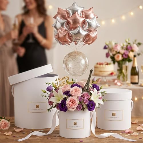 Hollyone White Gift Box with Lids Set of 3 Round Nesting Gift Boxes Cylinder for Presents 3 Assorted Sizes Flowers Arrange...