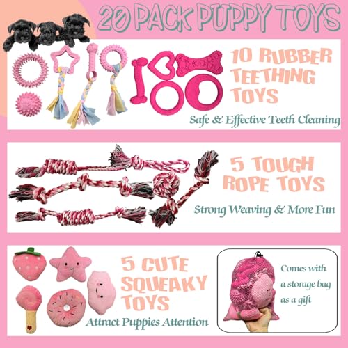 20Pcs Puppy Teething Toys for Small Medium Dogs - Cute Chew Toy Bundle Includes Plush Squeaky Toys, Rubber Ball, Rope Toy,...