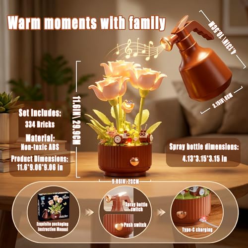 Magical Blooming Rose Building Set - Electric Flower Blocks with Opening Petals,with Interactive Sound & LED Lights,Romant...