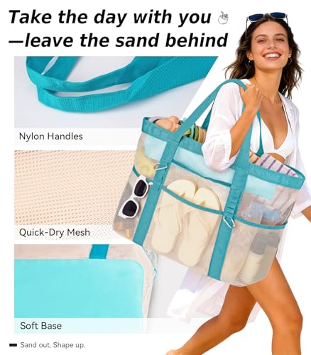 Yeendibo 2026 Chic & Spacious XX-Large Beach Bag for Women — Mesh × Canvas Tote with Top Zipper, 11 Pockets, Detachable Po...
