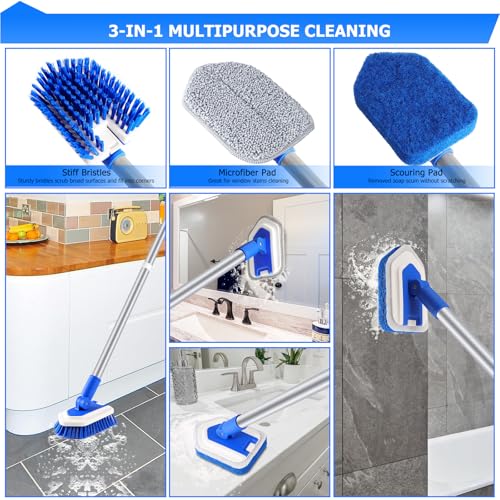 Lalafancy Shower Cleaning Brush with Locking Head, 3 in 1 Tub Tile Scrubber Brush with 50'' Extendable Long Handle Stiff B...