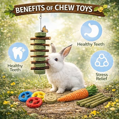 Grddaef 20 PCS Bunny Chew Toys for Teeth, Natural Rabbit Toys Apple Wood Grass Timothy Sticks Chew and Treat for Guinea Pi...