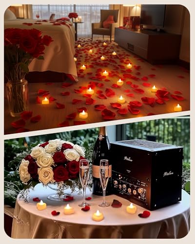 Amagic 1000 Pieces Artificial Rose Petals with 12 Heart LED Tea Lights Candles Kit, Rose Petals and Candles Set for Propos...