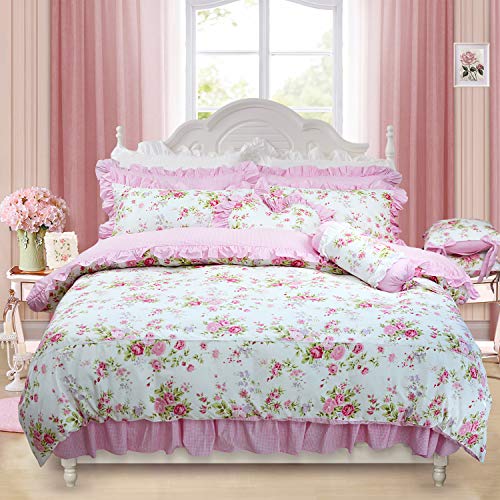 FADFAY Shabby Pink Duvet Cover Set Rose Floral Bedding Collection Elegant Princess Lace Ruffle Quilt Cover Set for Girls 4...