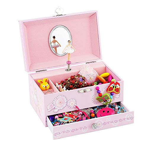RR ROUND RICH DESIGN Kids Musical Jewelry Box for Girls with Drawer and Jewelry Set with Ballerina Theme - Swan Lake Tune ...