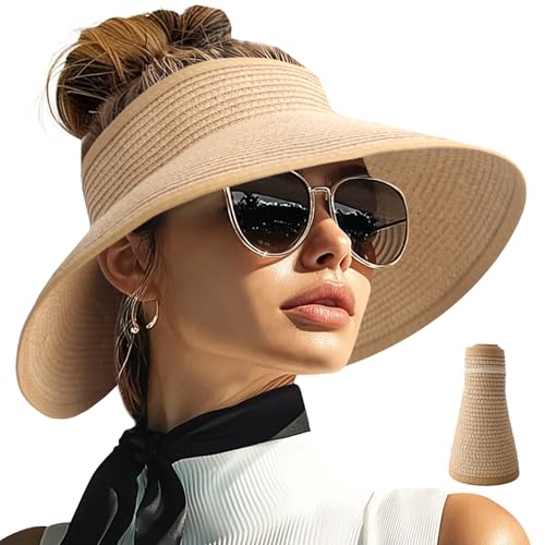 PFFY Sun Visors Hats for Women Wide Brim Straw Visor Packable Foldable Ponytail Travel Beach Hat Vacation Essentials