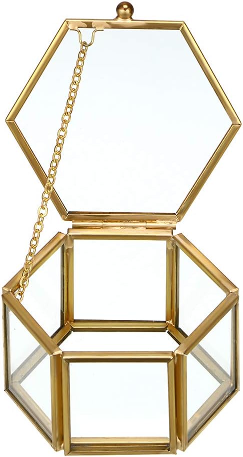 Hipiwe Glass Vintage Jewelry Box - Golden Geometric Jewelry Display Organizer Keepsake Box Case Home Decorative Box for St...