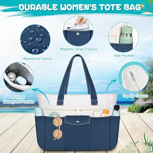 ZENTREON Beach Bags for Women Large Canvas Beach Tote with Zipper Wet Pocket, Waterproof Foldable Swim Pool Travel Tote Bags