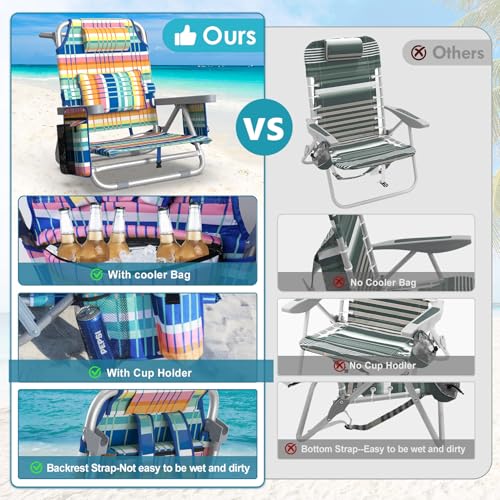 Suteck Beach Chair, Adjustable 5-Position Backpack Beach Chairs for Adults Kids, Foldable Lay Flat Chair with Cooler Bag, ...