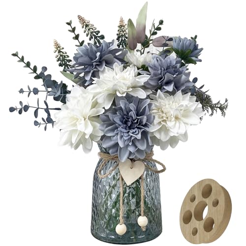 SHINFHOMF Fake Flowers in Vase,8 Dahlias,Silk Artificial Flowers in Vase,Centerpiece Table Decorations,Faux Flowers in Vas...