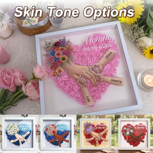 Personalized Flower Shadow Box with Name, Custom Mom & Kids Holding Hands Frame with Ring & Nail Design, Multiple Skin Ton...