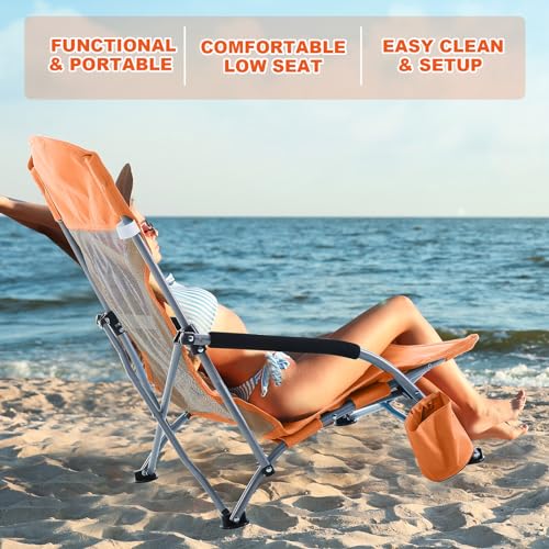 Huwena 2 Pack Beach Chairs with Umbrella for Adults, Low Folding Chair Set, Adjustable Detachable Umbrella, Lightweight Po...