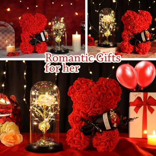 Mothers Day Rose Gifts for Mom Women Wife Girlfriend, Rose Bear & Beauty and the Beast-Inspired Rainbow Light-Up Roses Gif...