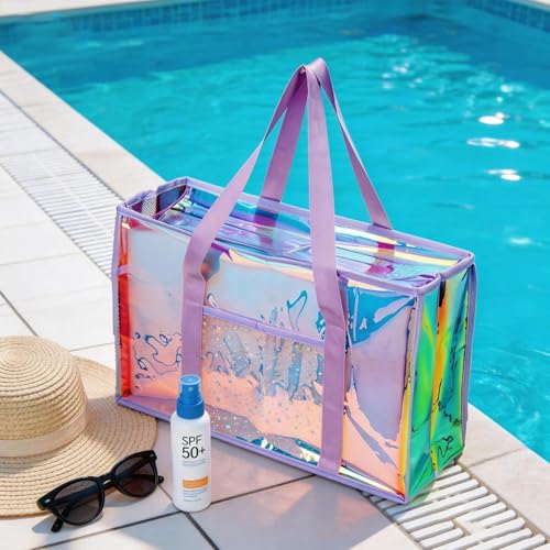Cyrelwing 3PCS Iridescent Beach Tote Bag for Women Large Waterproof Beach Tote Bag for Swim Pool Summer Travel Vacation