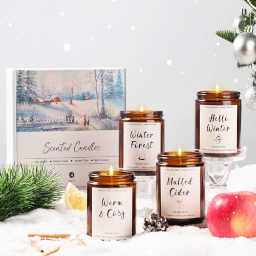 4 Pack Candles for Home Scented, 28oz Soy Candle Set, Scented Candles with Apple Cinnamon, Fir Balsam, Mulled Cider, Sanda...