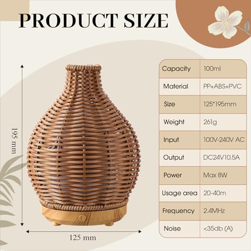 Copkim Essential Oil Diffuser Rattan Woven Boho Aroma Humidifier 80ml Ultrasonic Aromatherapy Diffuser with Timer and Wate...