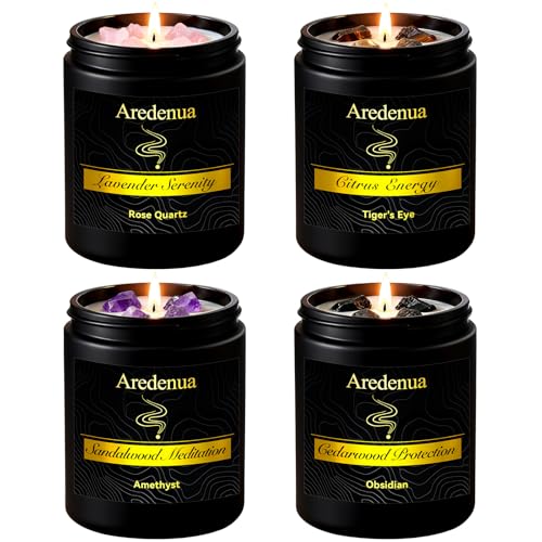 Aredenua Scented Candles Set, 4 Pack Crystal Healing Candles with Rose Quartz Amethyst Tiger Eye Obsidian, 7oz Natural Soy...