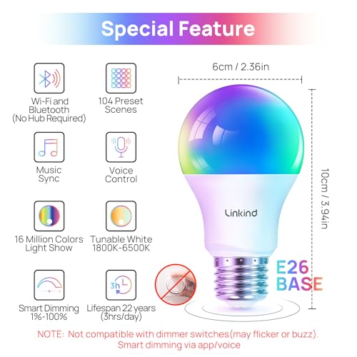Linkind Smart Light Bulbs, Smart Bulb That Work with Alexa & Google Home, LED Light Bulbs Color Changing, 104 Preset Scen...