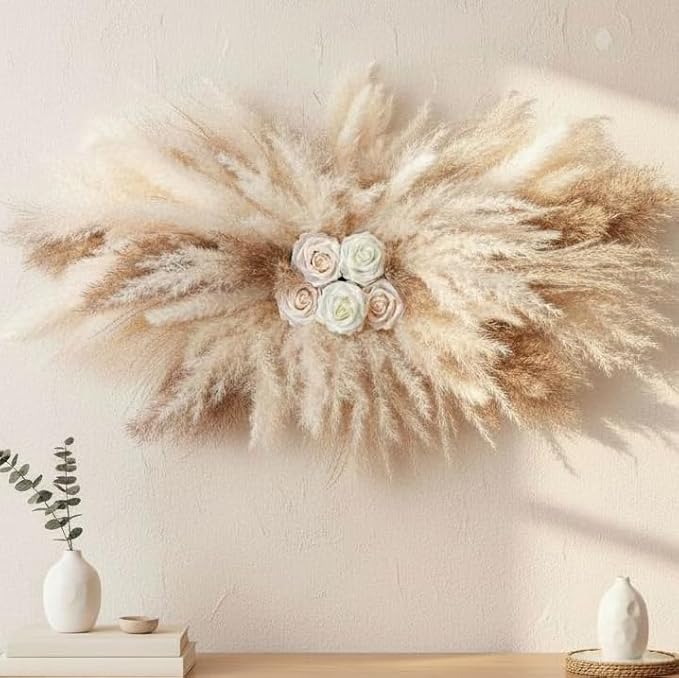 36-38" Large Pampas Grass Wall Decor, DIY Artificial Roses & Natural Dried Boho Hanging Flowers for Wall, Mirror, Wedding ...