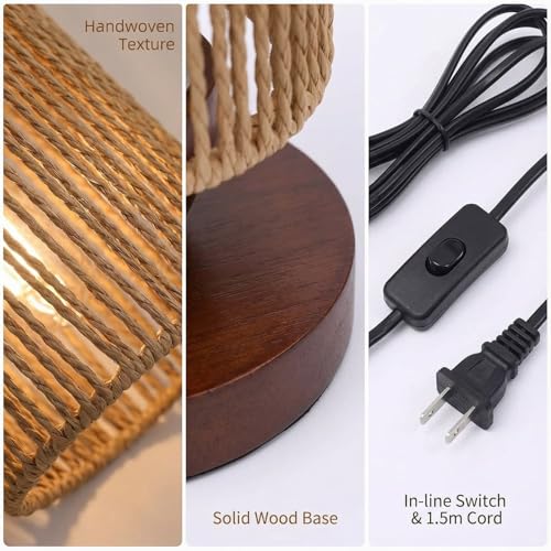 DKCONONY Small Rattan Table Lamp for Bedroom, Boho Bedside Lamp with Warm LED Bulb, Handwoven Wicker Nightstand Lamp for N...