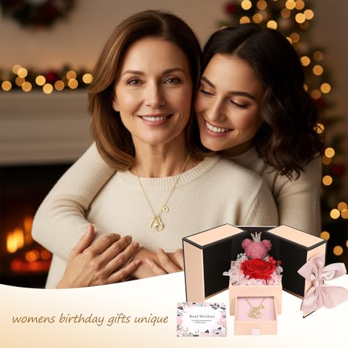 Mealcon Preserved Rose Bear Gift Box with Initial Necklace Real Eternal Flowers Romantic Gift for Women on Birthday Annive...