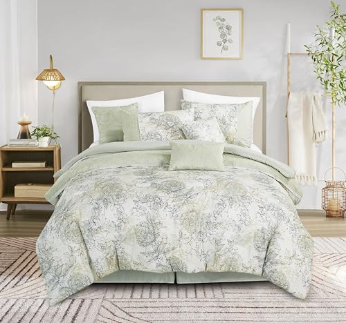 Chezmoi Collection Rosaline 7-Piece Floral Botanical Comforter Set King - Floral Embroidery Soft Green Gray Floral Printed...