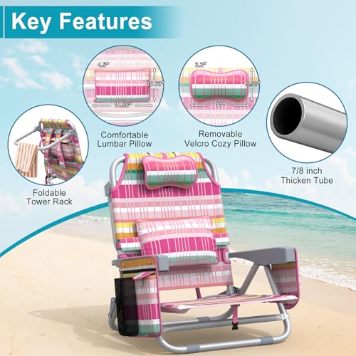 Suteck Backpack Beach Chairs for Adults, 5-Position Lay Flat Reclining Chair with Cooler Pouch, Cup Holder, Towel Bar, 2-P...