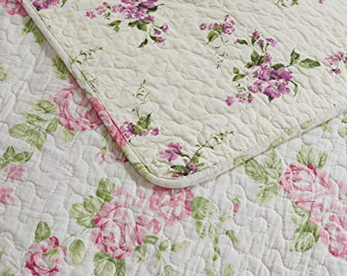 Chezmoi Collection Dakota 3-Piece Printed Pink Rose Cotton Quilt Set - Pink Floral Flower Reversible Stone Washed Lightwei...